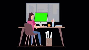 Designer Girl Working on Green Screen Computer On Alpha Channel 2D Animation video