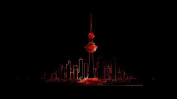 Neon frame effect Liberation Tower in Kuwait, glow, black background. video