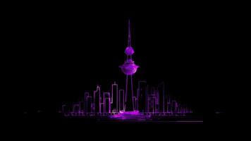 Neon frame effect Liberation Tower in Kuwait, glow, black background. video