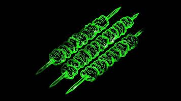 Neon- Rahmen bewirken Kebab, mit gegrillt Fleisch Spieße Kuwait, glühen, schwarz Hintergrund. video