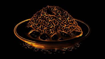 Neon frame effect machboos, a dish of spiced rice with meat, typically chicken or lamb, glow, black background. video