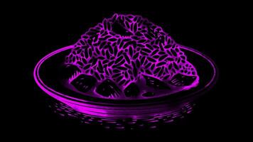 Neon frame effect machboos, a dish of spiced rice with meat, typically chicken or lamb, glow, black background. video