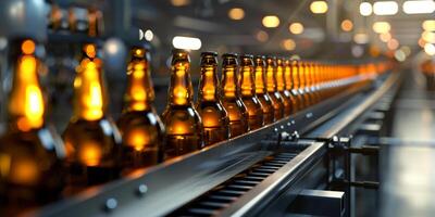 Beer Bottles on a Production Line in Beer Factory, Brewery Automated Conveyor Belt with Brown Glass Beer Bottles with Blurred Background, . photo