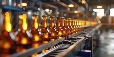 Beer Bottles on a Production Line in Beer Factory, Brewery Automated Conveyor Belt with Brown Glass Beer Bottles with Blurred Background, . photo