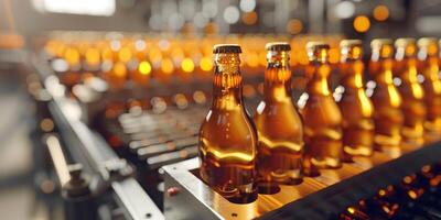 Beer Bottles on a Production Line in Beer Factory, Brewery Automated Conveyor Belt with Brown Glass Beer Bottles with Blurred Background, . photo