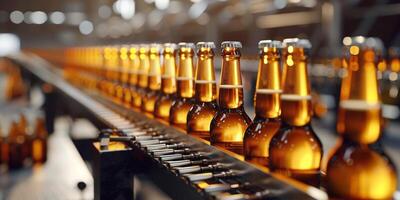 Beer Bottles on a Production Line in Beer Factory, Brewery Automated Conveyor Belt with Brown Glass Beer Bottles with Blurred Background, . photo