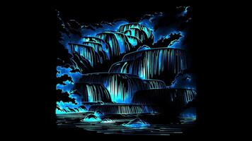Neon frame effect Kuang Si Waterfall, glow, black background. video
