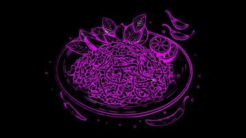 Neon frame effect larb, a traditional minced meat salad from Southeast Asia, glow, black background. video