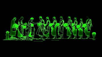 Neon frame effect depicting almsgiving to monk, glow, black background. video