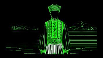 Neon frame effect figure dressed in a Latvian national costume of Latvia, glow, black background. video