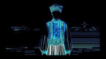 Neon frame effect figure dressed in a Latvian national costume of Latvia, glow, black background. video