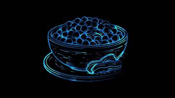 Neon frame effect dish of grey peas with bacon Latvia, glow, black background. video