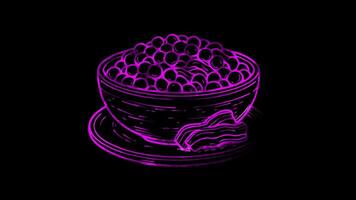 Neon frame effect dish of grey peas with bacon Latvia, glow, black background. video