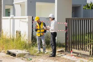 Senior officer male argue complain blame to construction engineer foreman for bad construction low quality project fail not pass standard problems photo