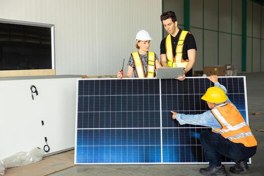 engineer team working check testing solar panel process before sand to customer for setup install photo