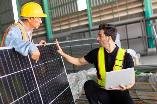 engineer team working check testing solar panel process before sand to customer for setup install photo