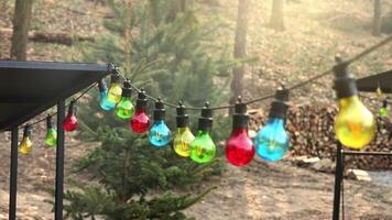 Bright and colorful string lights hanging in a garden. Colorful light bulbs hang on a string outside, creating a festive and cheerful atmosphere. video