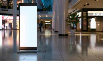 Empty Unique Roll-Up Mockup Poster Stand In Shopping Mall, Modern Digital Roll-Up Banner Stand In Corporate Hall, . photo