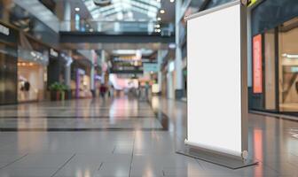 Empty Unique Roll-Up Mockup Poster Stand In Shopping Mall, Modern Digital Roll-Up Banner Stand In Corporate Hall, . photo