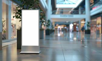 Empty Unique Roll-Up Mockup Poster Stand In Shopping Mall, Modern Digital Roll-Up Banner Stand In Corporate Hall, . photo