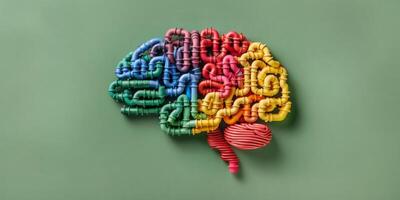Human brain made of colorful pipes on green background, concept of neurodiversity and mental problems photo