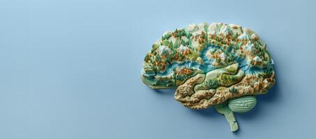 Human brain in the form of a geographical map with various landscapes on blue background photo