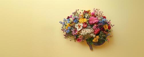 Human brain made of multi-colored wildflowers on yellow background photo