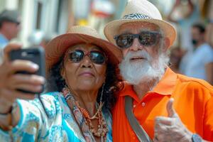 Elderly happy couple takes selfie on the street of a city photo