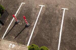 Closeup of the empty parking lots near trade center with a reserved parking space. parking posts. top view photo