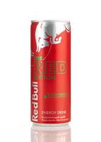 Kyiv, Ukraine, June 5, 2024. Red Bull Energy Drink The Red Edition watermelon lemonade soft drink in can isolated on a white background photo