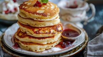 Ukrainian fresh pancakes on a plate on the table with jam. Pancakes with milk. Close-up. photo