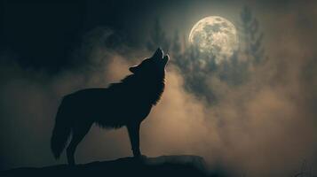 Silhouette of a howling wolf against a dark background of fog and full moon photo