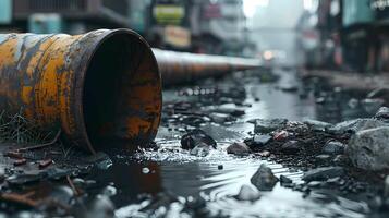 City pollution. Waste dirty sewage water flows from the pipe to the street. City pollution. Waste dirty sewage water flows from the pipe to the street photo