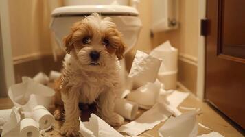 Funny puppy plays and tears toilet paper photo