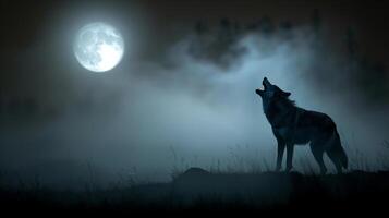 Silhouette of a howling wolf against a dark background of fog and full moon photo