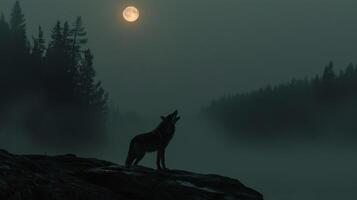 Silhouette of a howling wolf against a dark background of fog and full moon photo