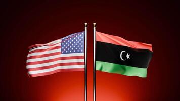 USA vs. Libya, Watch the 3D rendered flags of the USA and Libya waving on opposite sides against a dark background, with a cinematic red hue. video