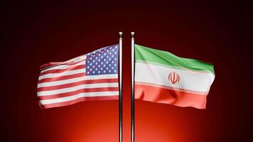 USA vs. Iran, Observe the 3D rendered flags of the USA and Iran waving on opposite sides against a dark background, with a cinematic red hue. video