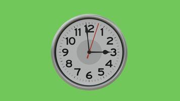 3D rendered last 1 minute of 3 o'clock wall analog clock animation with green screen background, ending 1 minute with ticking clock. video