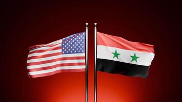 USA vs. Syria, Observe the 3D rendered flags of the USA and Syria waving on opposite sides against a dark background, with a cinematic red hue. video