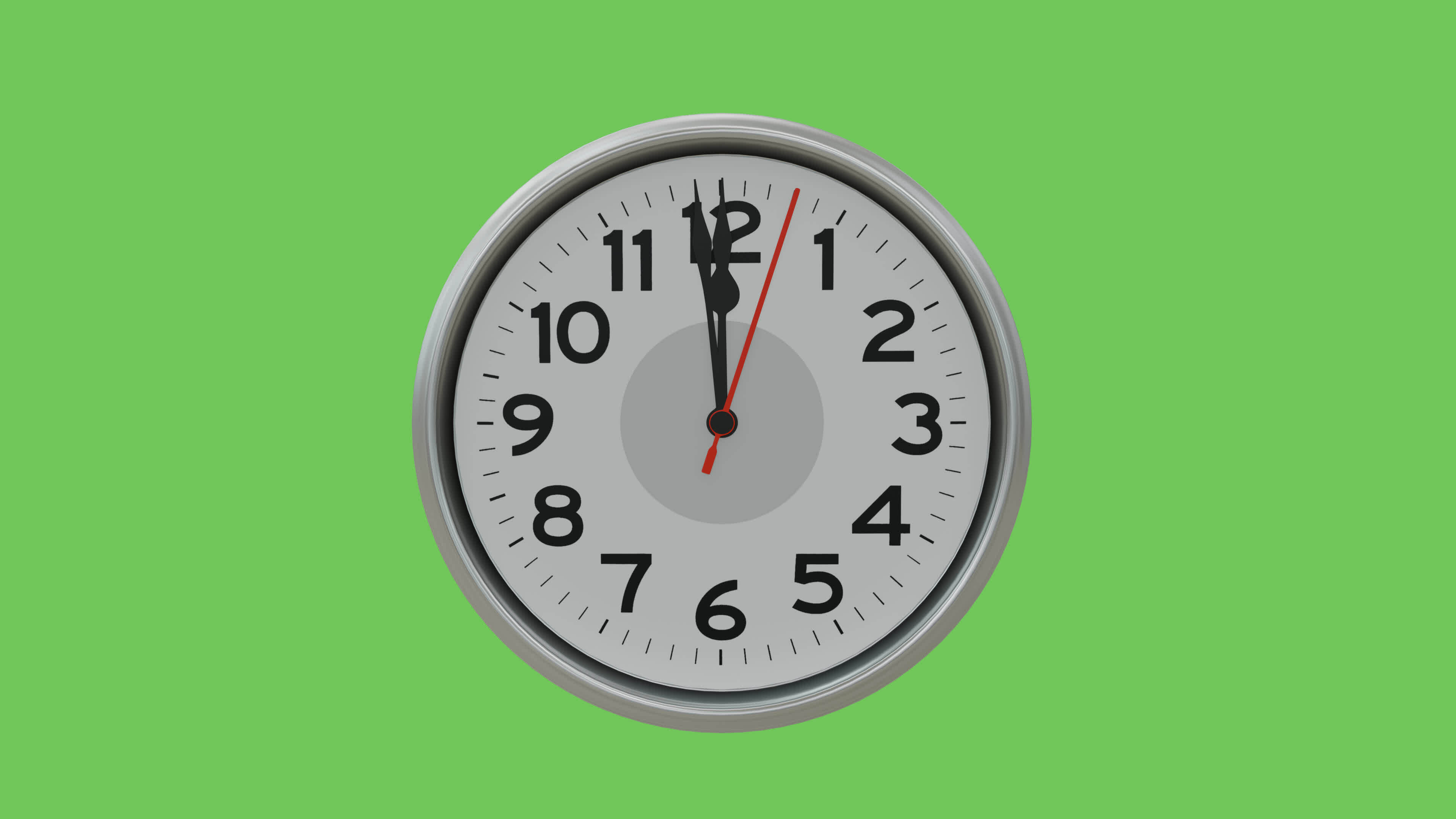 3D rendered last 1 minute of 12 o'clock wall analog clock animation