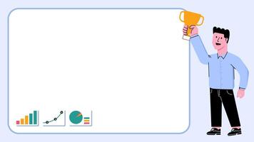 Businessman Employee Worker Hold Winner Trophy Animation with Copy Space and Good Graphic Chart Statistic Analytic - Success Leader Man Run Business Work Job video