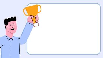 Businessman Employee Worker Hold Winner Trophy Animation with Copy Space and Good Graphic Chart Statistic Analytic - Success Leader Man Run Business Work Job video