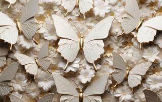 3D rendering of white and golden decorated butterflies photo