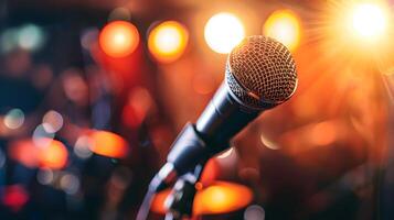 Microphone on stage with colorful bokeh background, close up photo
