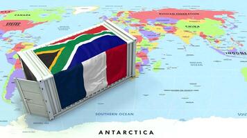 South Africa and France Flag on Shipping Container with World Map, Trade Relations, Import and Export, 3D Rendering video