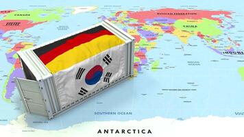 South Korea and Germany Flag on Shipping Container with World Map, Trade Relations, Import and Export, 3D Rendering video