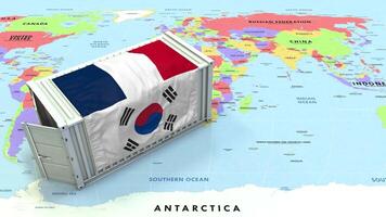 South Korea and France Flag on Shipping Container with World Map, Trade Relations, Import and Export, 3D Rendering video