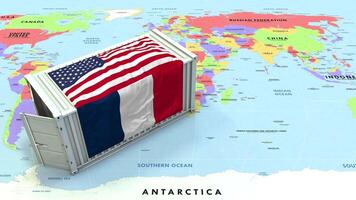 United States and France Flag on Shipping Container with World Map, Trade Relations, Import and Export, 3D Rendering video