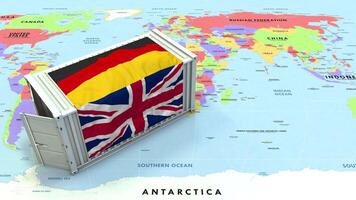 United Kingdom and Germany Flag on Shipping Container with World Map, Trade Relations, Import and Export, 3D Rendering video